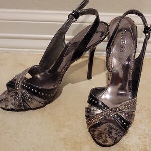 GUESS Women's Black and Silver Strappy Heels
